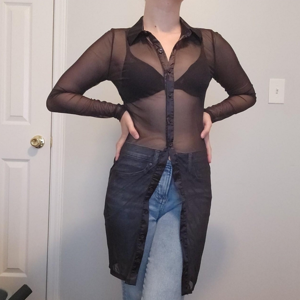 Long Mesh Top with Silky Black Collar